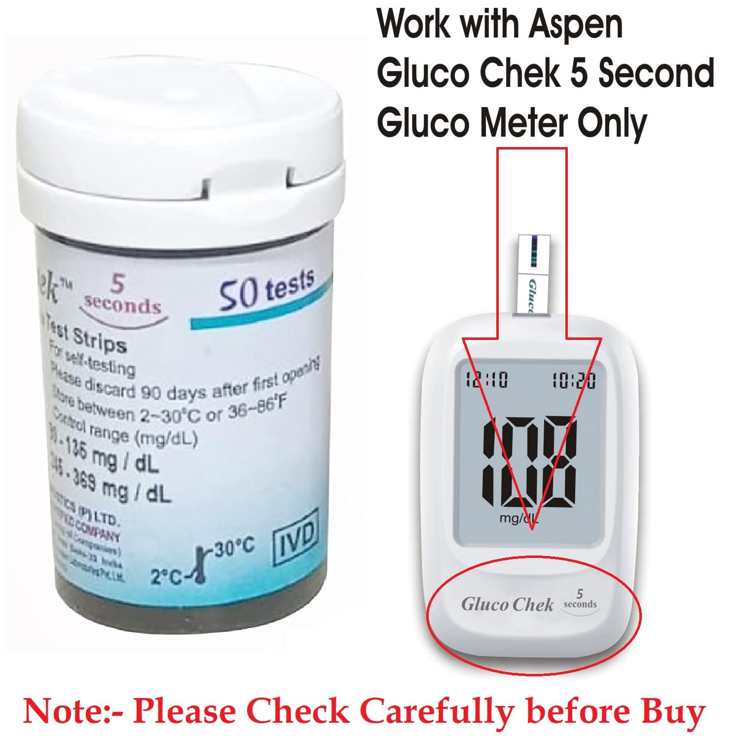 Aspen Gluco Chek 5 Sec. Blood Glucose Glucometer Test Strips - 100 Strips (Only Strips, No Glucometer)