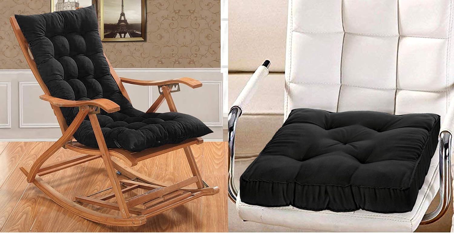 Microfiber Soft Cushion, Long & Square Chair Pad Cushion, Black - 46 X 16 Inches | For Indoor & Outdoor Home Office Décor | Rocking Chairs Pad, Washable, Model No - Kubmart11923, Set Of 2