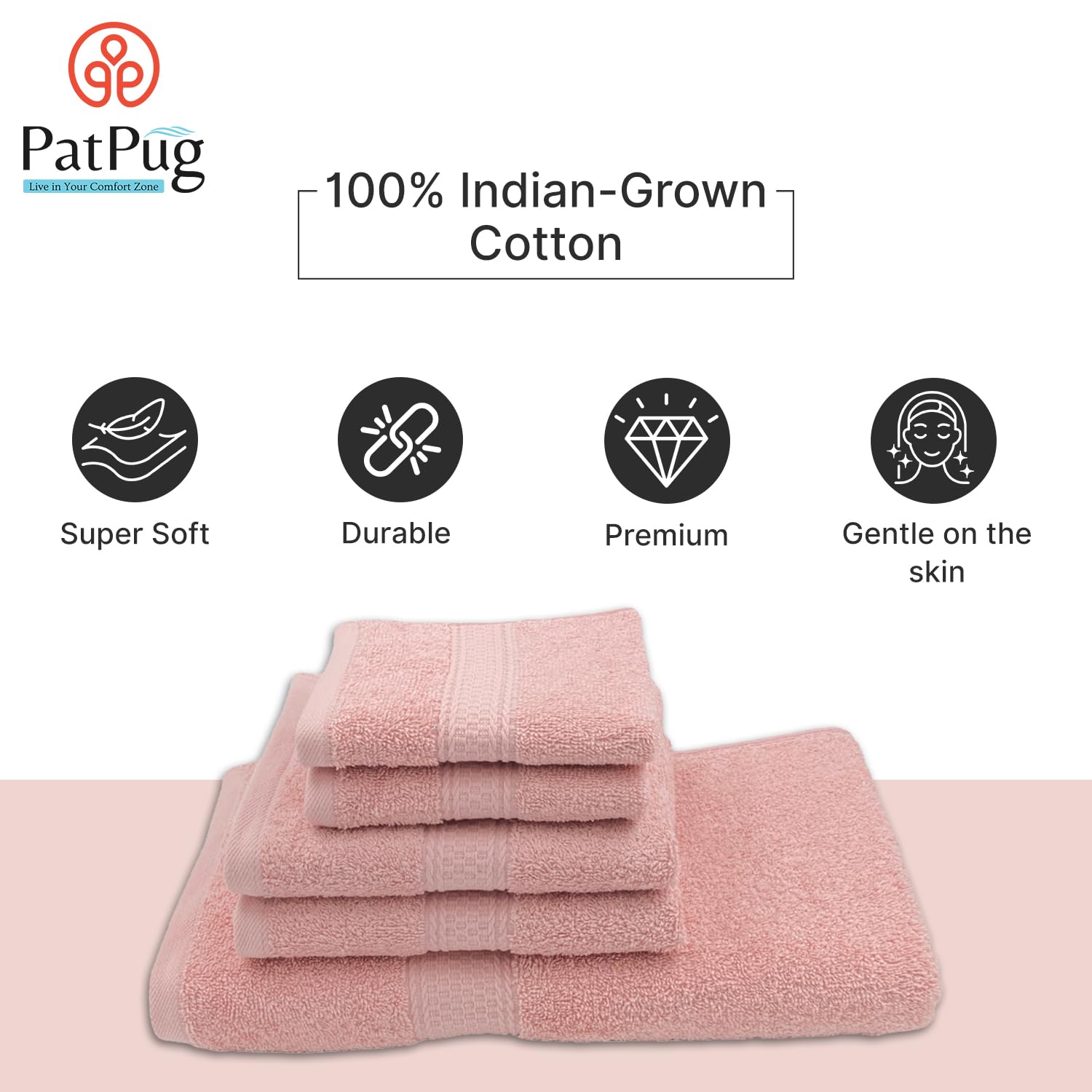 Patpug 100% Indian Cotton Plush Towel Set 1200 Gsm | Highly Absorbent, Fade Resistant, Quick Drying (Baby Pink) - 5 Piece