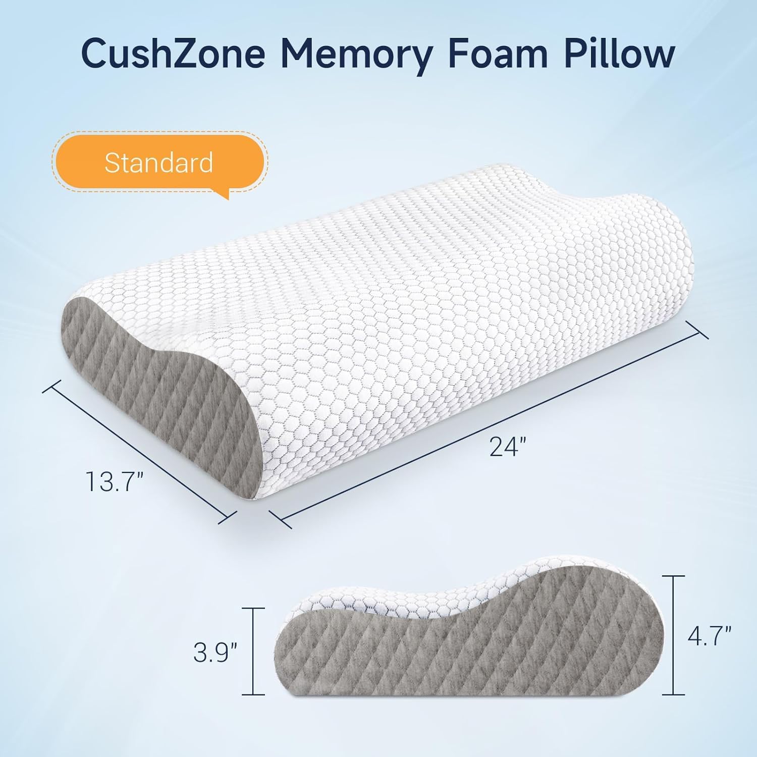 Memory Foam Pillow, Contour Cervical Orthopedic Pillow - White & Dark Grey | For Neck Pain & Shoulder Pain | Ergonomic Cervical Pillow, Neck Support Pillow For Back, Side, Adjustable Pillow