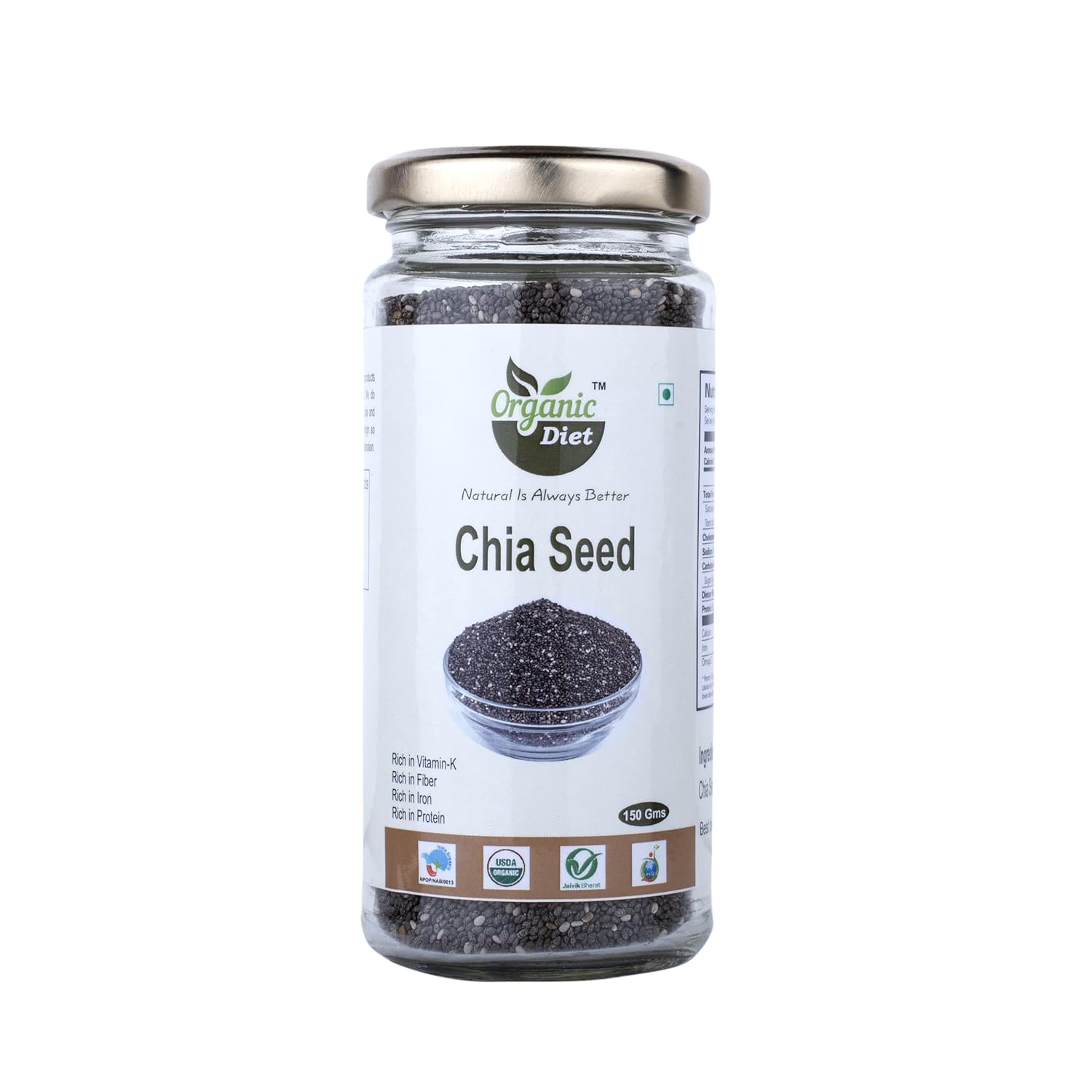Organic Diet Fresh & Pure Organic Chia Seeds Raw Omega 3 High Protein, Healthy Breakfast Whole Rich Nutritious & Delicious | 150gm 0.3lbs