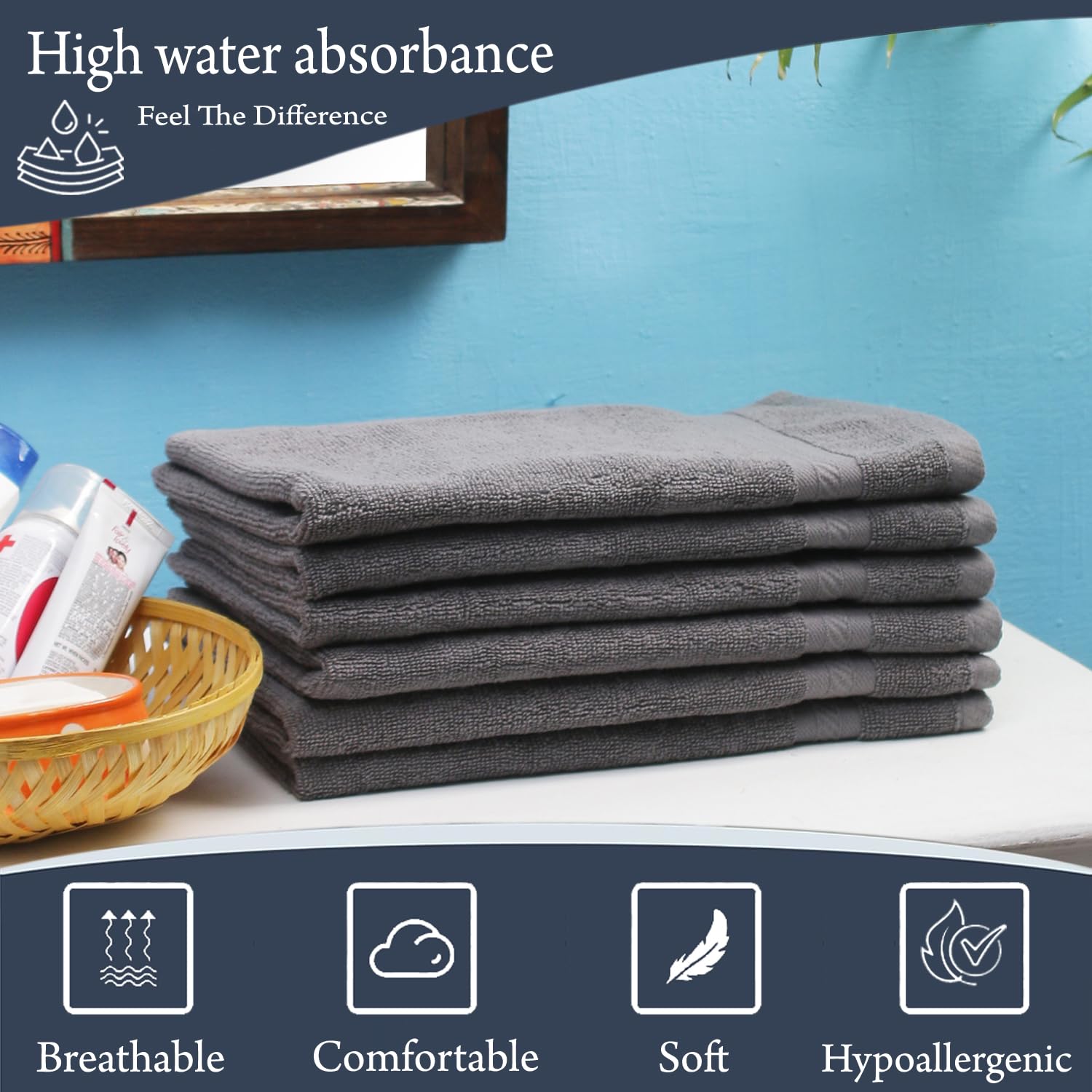 Fresh From Loom Luxury Fur Collection Hand Towel 500 Gsm Napkins Cotton High Absorbency Double Stitched Size (Grey) - Set Of 6