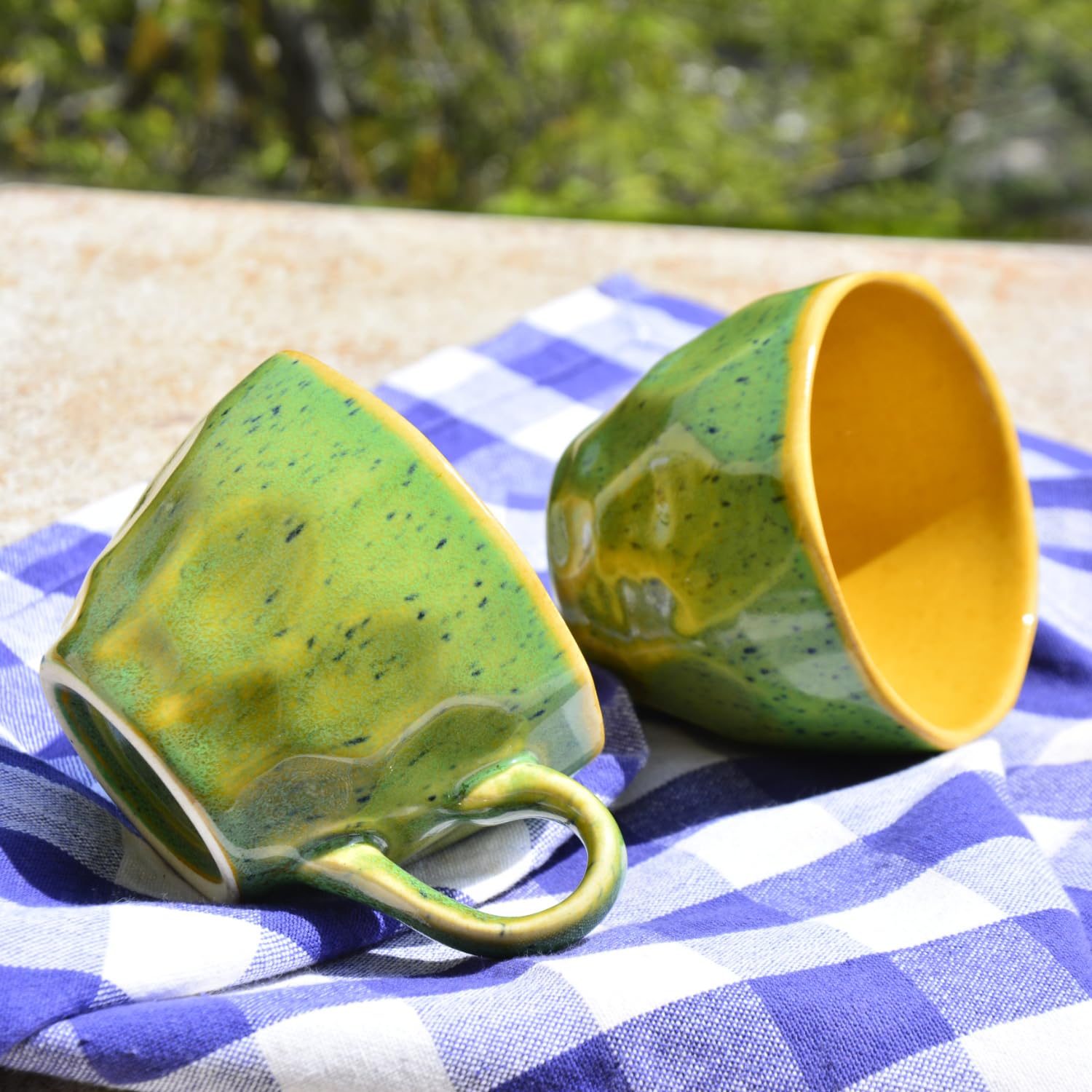 Hand Crafted Ceramic Coffee Mugs Set Of 6 - 200ml Each, Green & Yellow | Chai Cups - Coffee Mug Set - Tea Cup Set