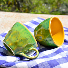 Hand Crafted Ceramic Coffee Mugs Set Of 6 - 200ml Each, Green & Yellow | Chai Cups - Coffee Mug Set - Tea Cup Set