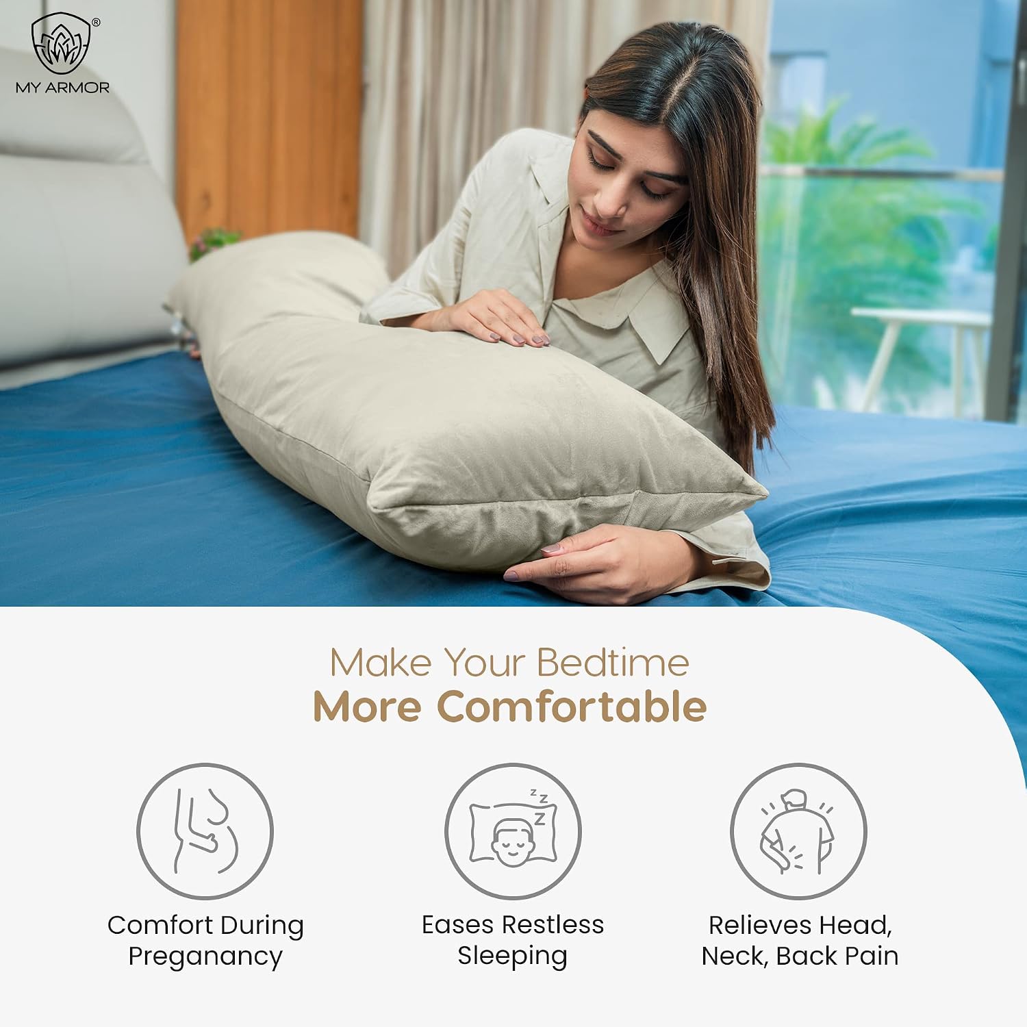 Microfiber Body Side Pillow For Sleeping For Pregnancy, Cream - 53 X16 Inch | Long Cuddle Pillow For Hugging, Relaxing, Washable, Premium Velvet Outer Cover With Zip, Adjustable Pillow