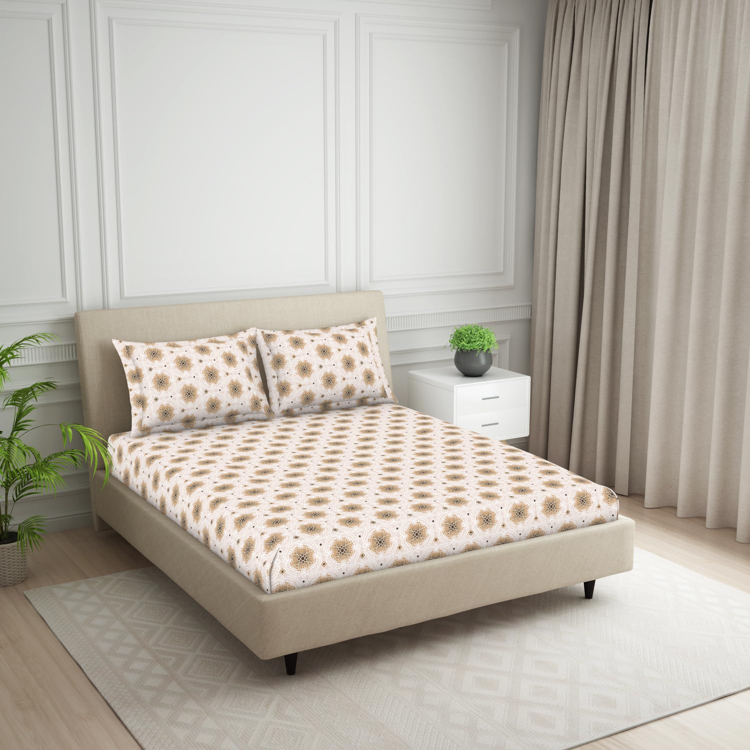 Double Bedsheet For Queen Size 2 Matching Pillow Cover - 88 X 100 Inches, Beige & Brown | Durable & Long Lasting Wrinkle Resistant Fabric - Skin Safe & Super Soft