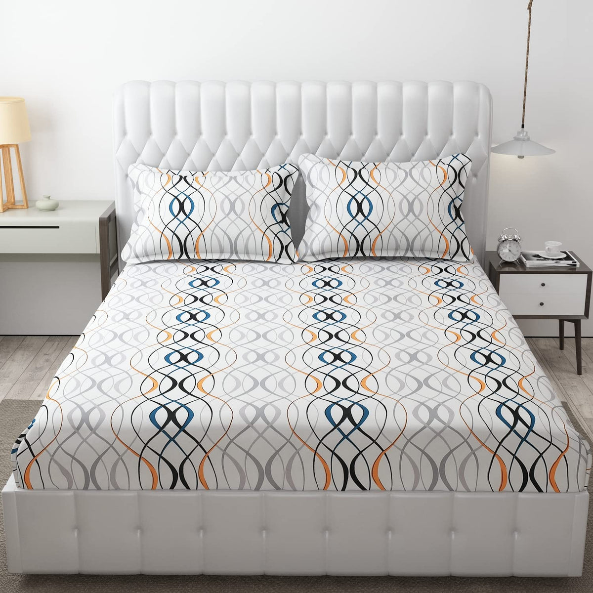 King Size Bedsheet With Two Pillow Cover (Size - 78 X 72 Inches, White & Grey) | Elastic Fitted Floral Bedsheet | Best For Festival Gifting
