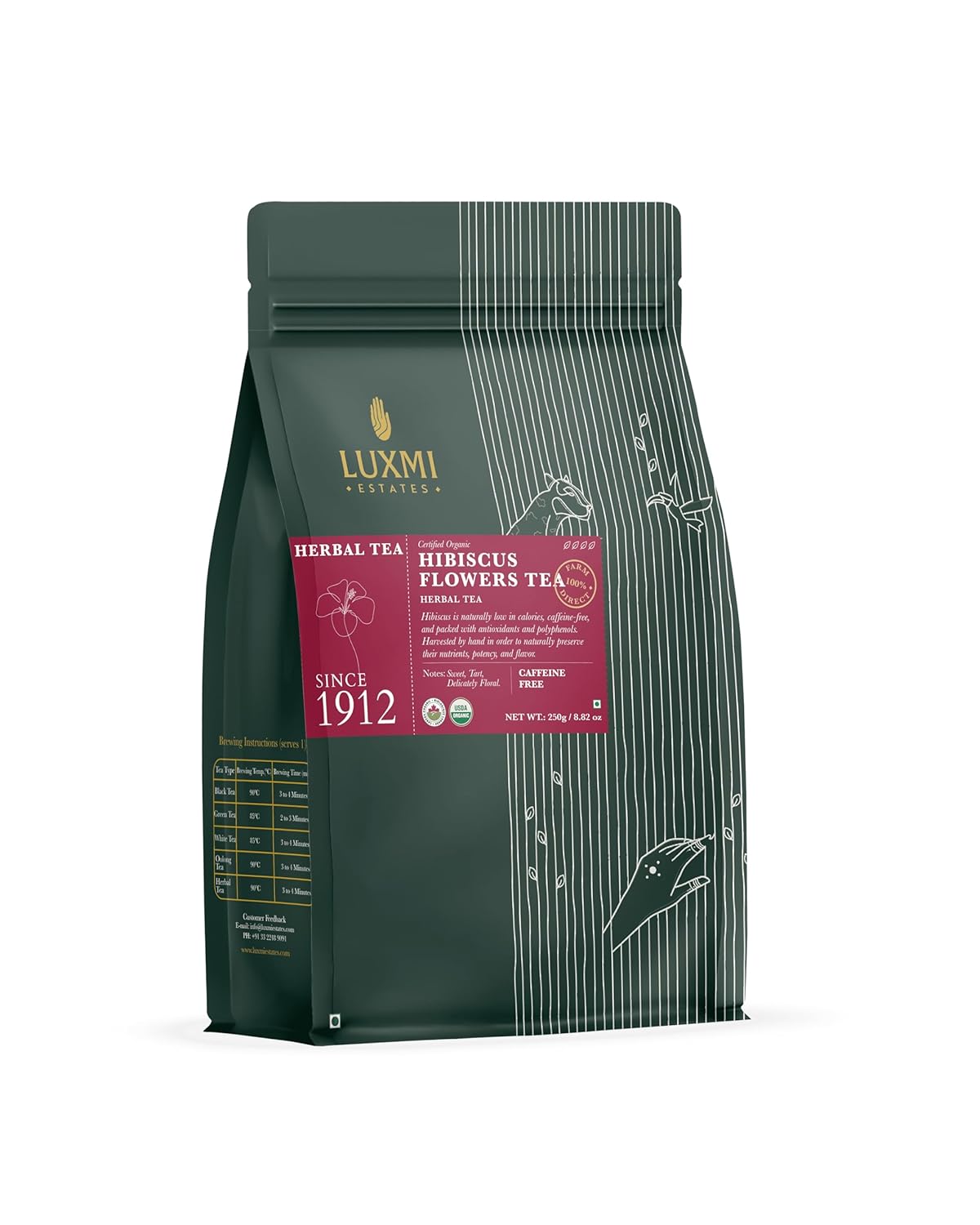 Luxmi Estates Hibiscus Flowers Herbal Tea - 250gm, 8.8 Ounce, 125 Cups | USDA Certified Organic Tea - Caffeine Free Herbal Tea | Cut & Sifted, Gluten Free, Non GMO, Great For Iced Tea & Hot Tea