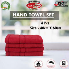 Sassoon Melrose 100% Cotton Hand Towel 800 Gsm | Highly Absorbent, Soft Material Perfect For Daily Use (Red) -4 Piece