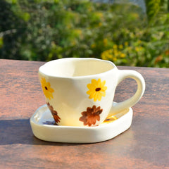 Hand Painted Ceramic Cup & Saucer Set Of 2 - Yellow & Brown, 250ml Each | Microwave Safe Tea Cups & Mugs - Chai Cups & Plates