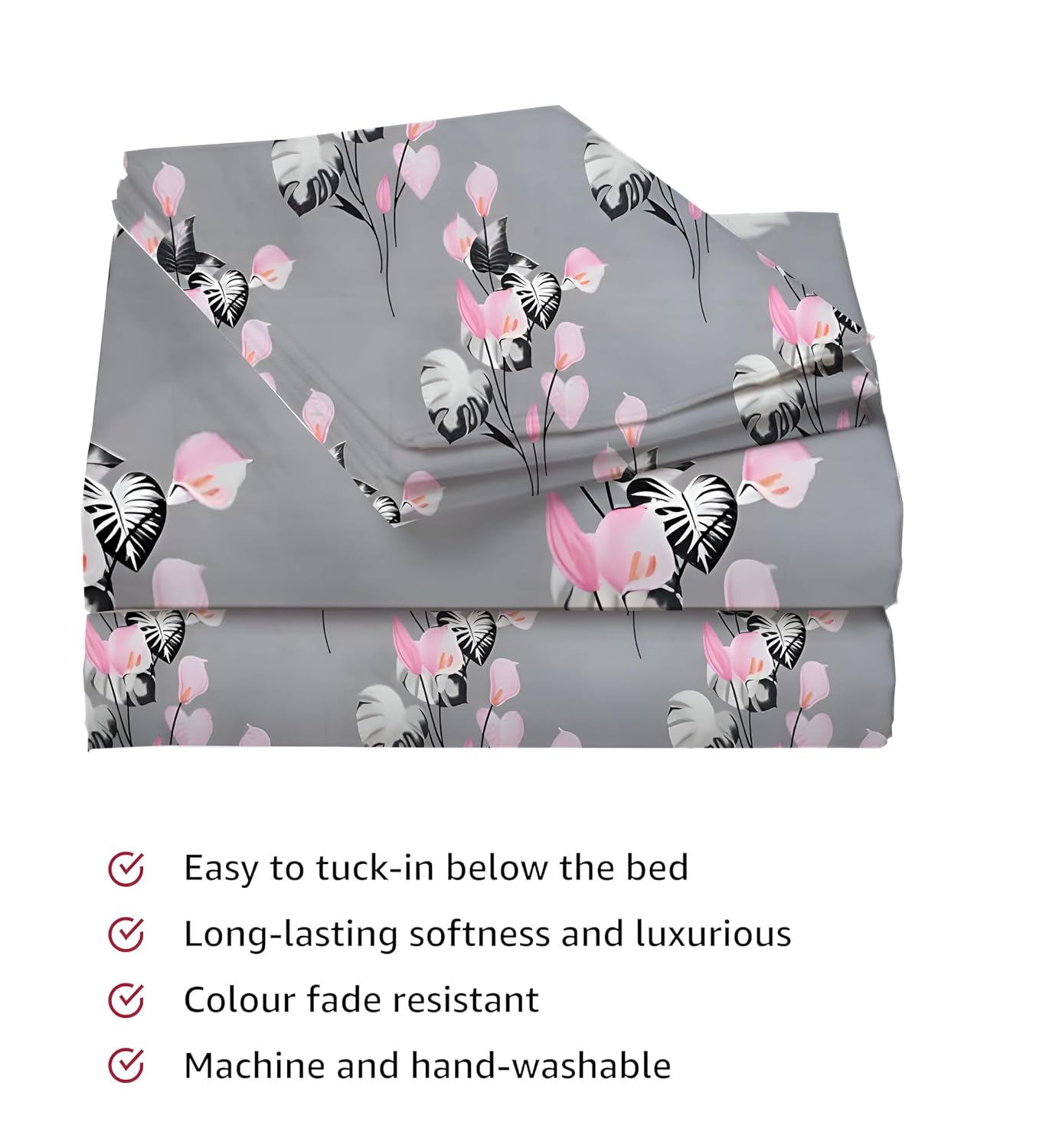 Printed King Size Bedsheet With 2 Matching Pillow Covers - 90 X 90 Inches, Grey & Pink | Durable & Long-Lasting | Naturally Soft, Breathable, & Skin-Friendly