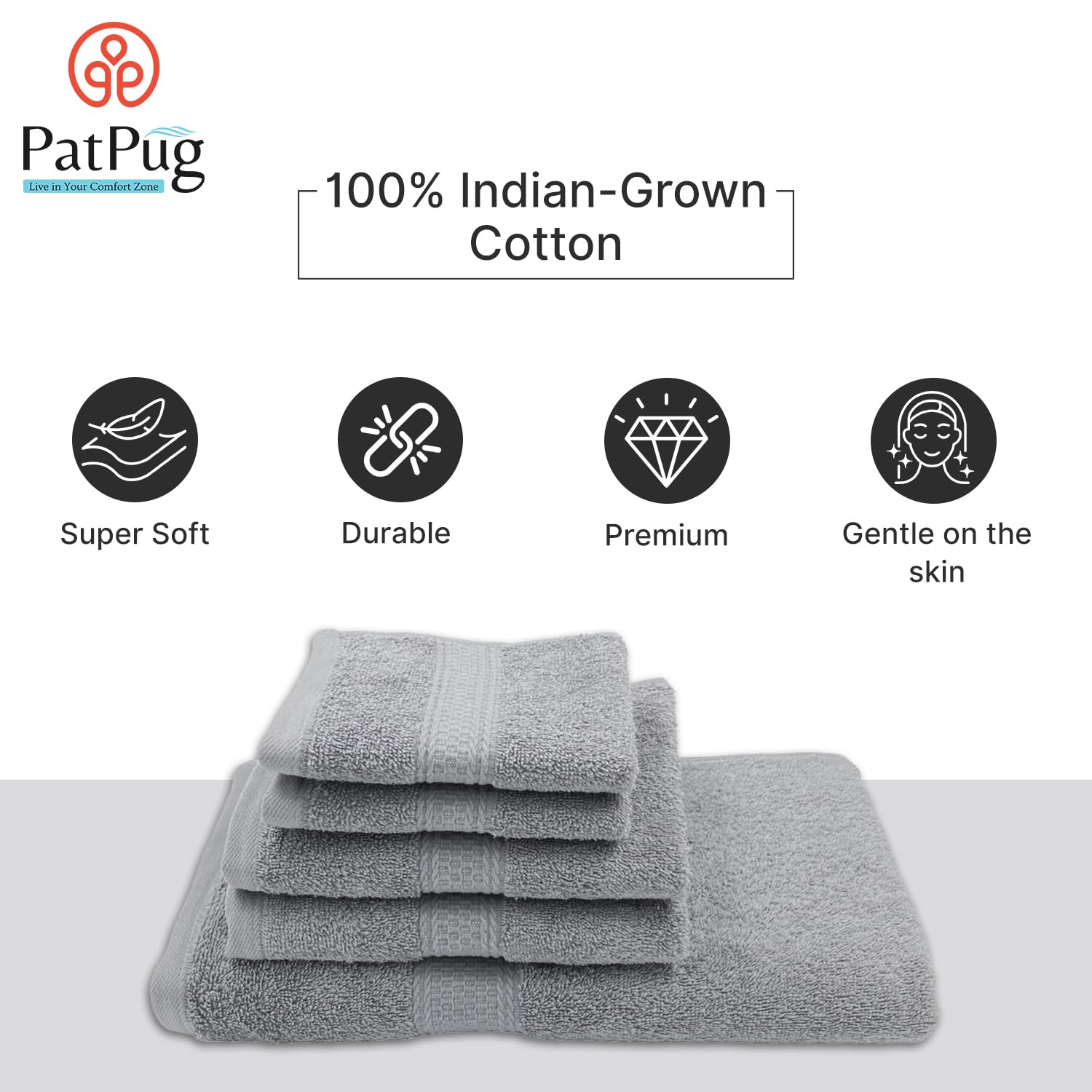 Patpug 100% Indian Cotton Plush Towel Set 1200 Gsm | Highly Absorbent, Fade Resistant, Quick Drying (Silver Grey) - 5 Piece