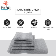Patpug 100% Indian Cotton Plush Towel Set 1200 Gsm | Highly Absorbent, Fade Resistant, Quick Drying (Silver Grey) - 5 Piece