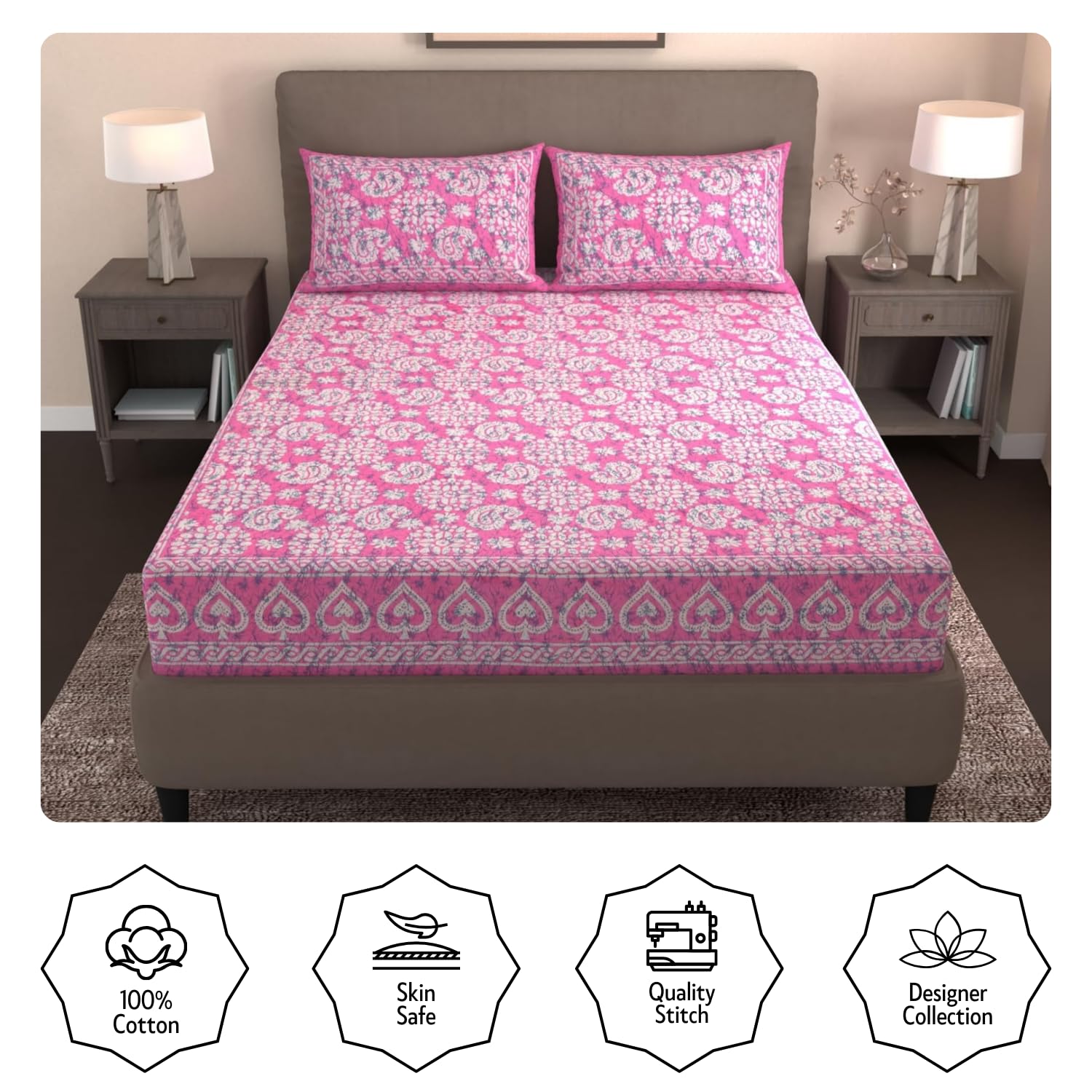 Handloom Printed Double Bedsheet For Queen Size With 2 Matching Pillow Cover | Size 90 X 100 Inches, Light Pink - Cotton Bedsheets For Double Bed | Soft & Smooth