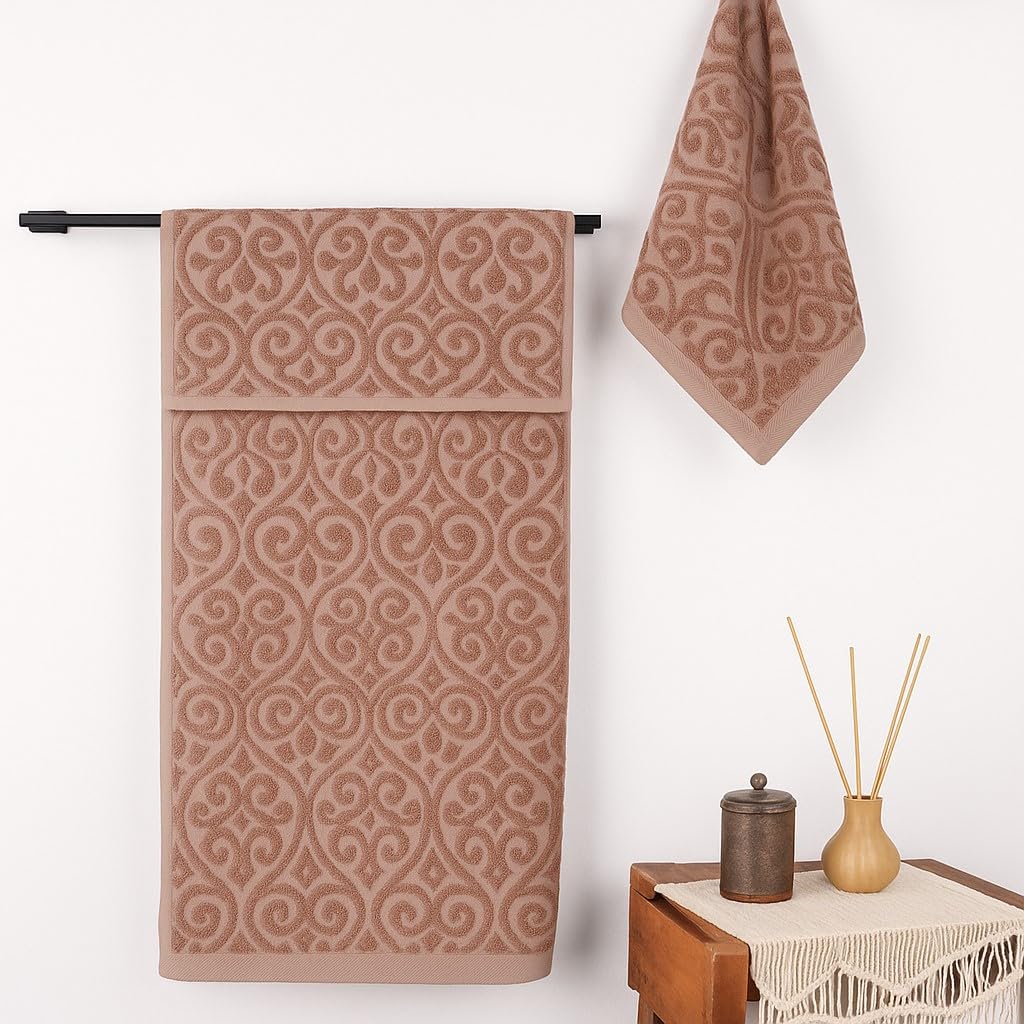 Vivan Homes 100% Cotton Bath, Hand & Face Towel 900 Gsm | Soft & Absorbent Ultra Soft & Quick Dry Bath Towels For Men Women Towel Set - Damask Beige (Set Of 3)