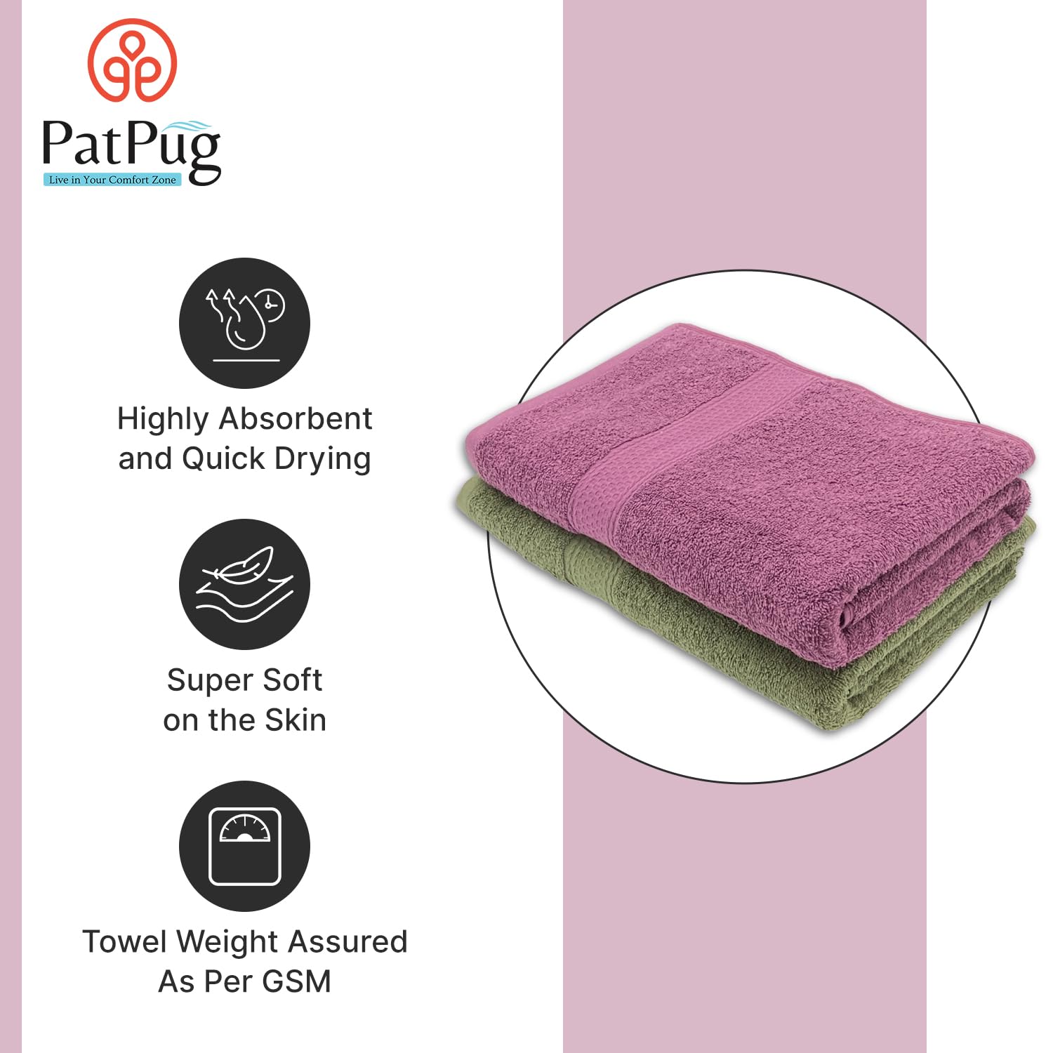 PatPug 100% Indian Ultra Soft Cotton 450 Gsm Bath Towel Large Bath Towel | Highly Absorbent Quick Drying Durable Towel For Men, Women & Kids (Mahogany & Olive Green)
