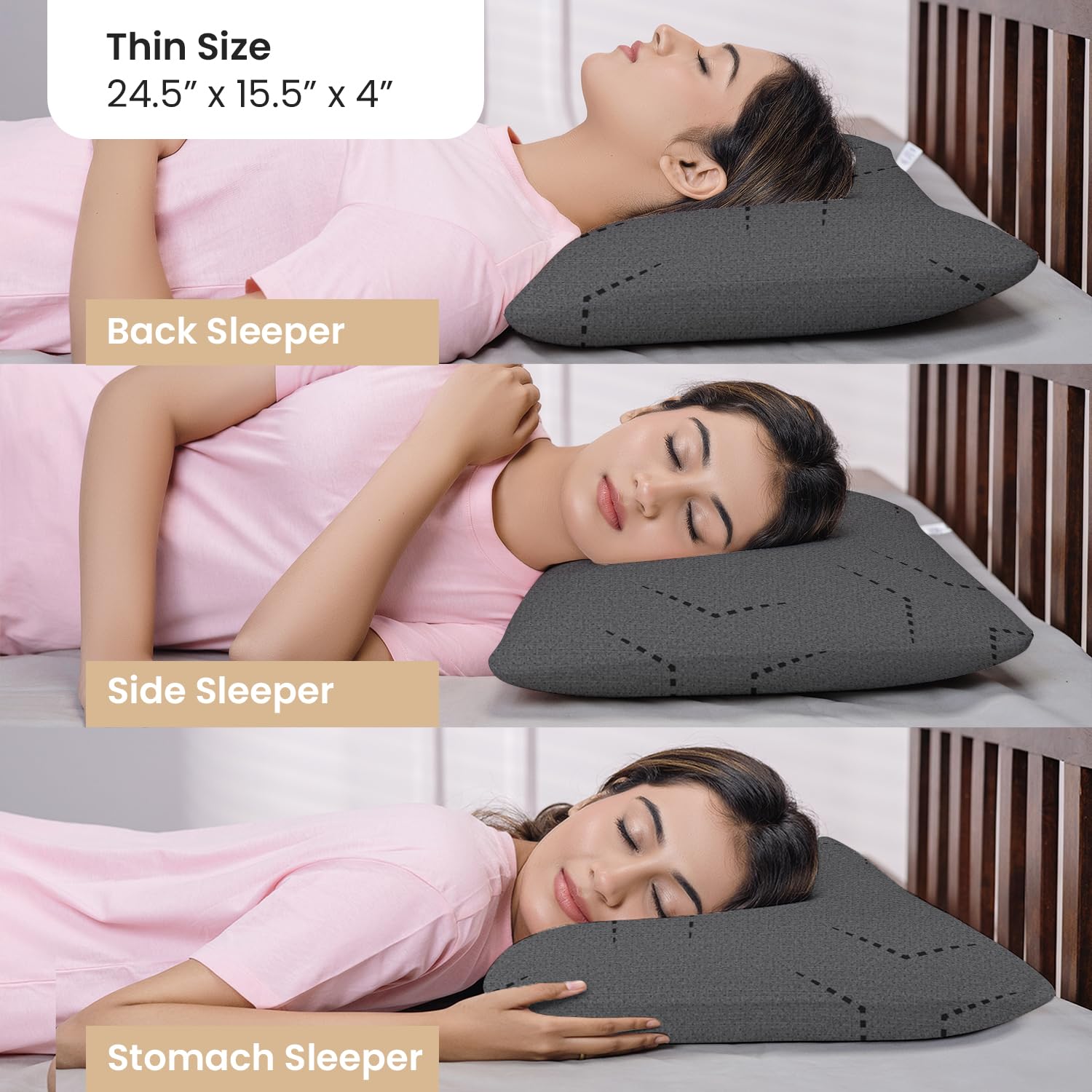 Cooling Gel Memory Foam Pillow For Neck & Shoulder Pain, Thin Size - 4 Inch | Orthopedic Pillow For Sleeping, Washable Grey Pillow Cover | Lightweight, Adjustable - Pack Of 2