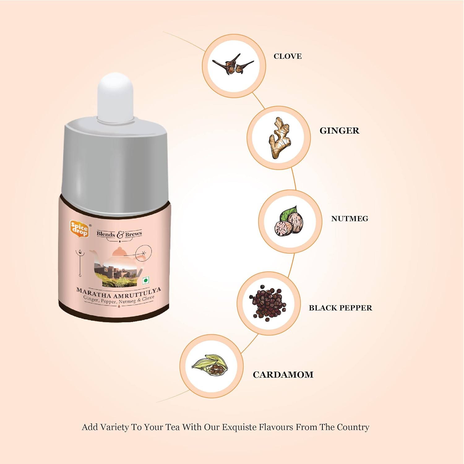 Spice Drop Maratha Amruttulya Tea Spice Blend - 180 Cups, 5ml, 0.1 Fl.Oz. | Contains Ginger, Clove & Nutmeg - Chai Masala Drops | GMO Free, No Preservatives, Gluten Friendly, Keto Friendly