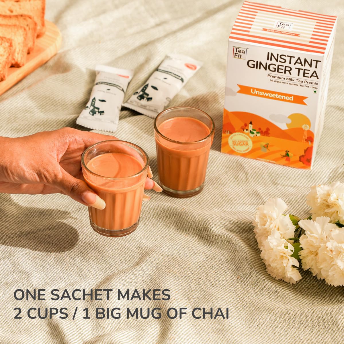 Teafit Unsweetened Instant Ginger Tea Premix - Pack Of 30 Sachets, 420gm, 14.8 Ounce | Premium Milk Tea Premix, Just Add Water - Strong Home Like Adrak Kadak Chai | Medium Caffeine