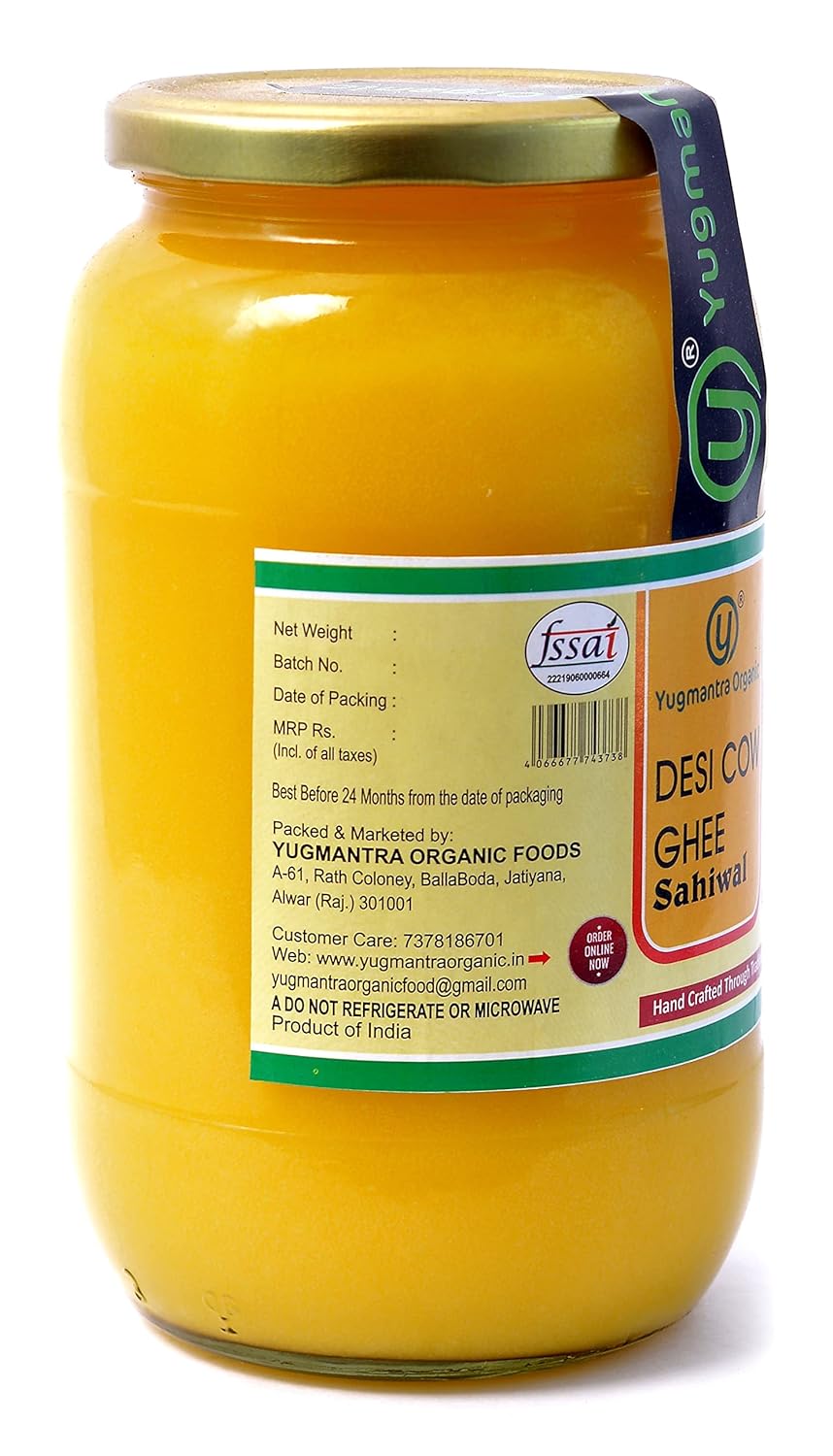 Premium A2 Danedar Desi Sahiwal Cow Ghee By Yugmantra Organic Foods | Rich In Nutrients Healthy & Protein Fiber Desi Ghee Perfect For Bones Health | 4Ltr (1 Ltr * 4) 135.2 Ounce | Jar Pack