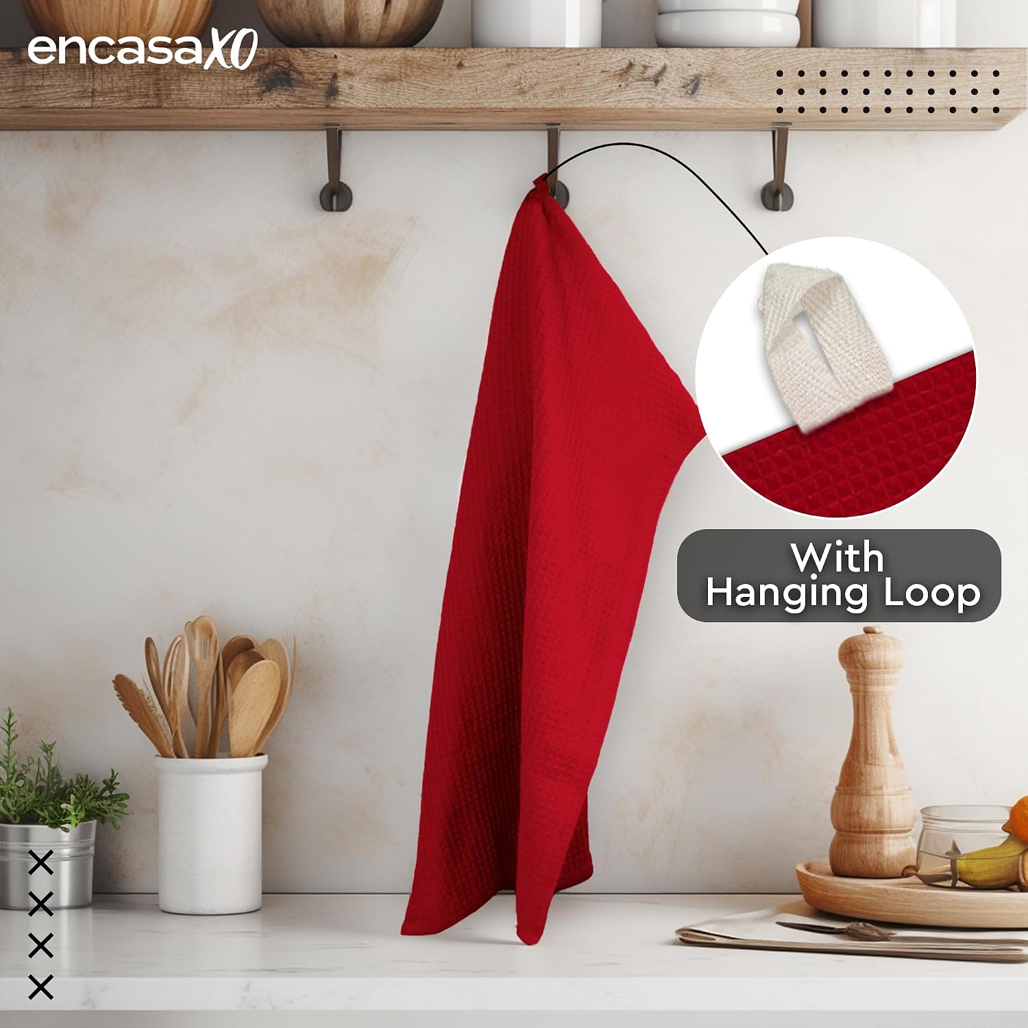 Encasa Xo Kitchen Dish Towels Set 320 Gsm | Waffle Weave & Flat Hand Tea Towel | Quick Drying Reusable Cotton Washcloths | Set Of 4 (Red)
