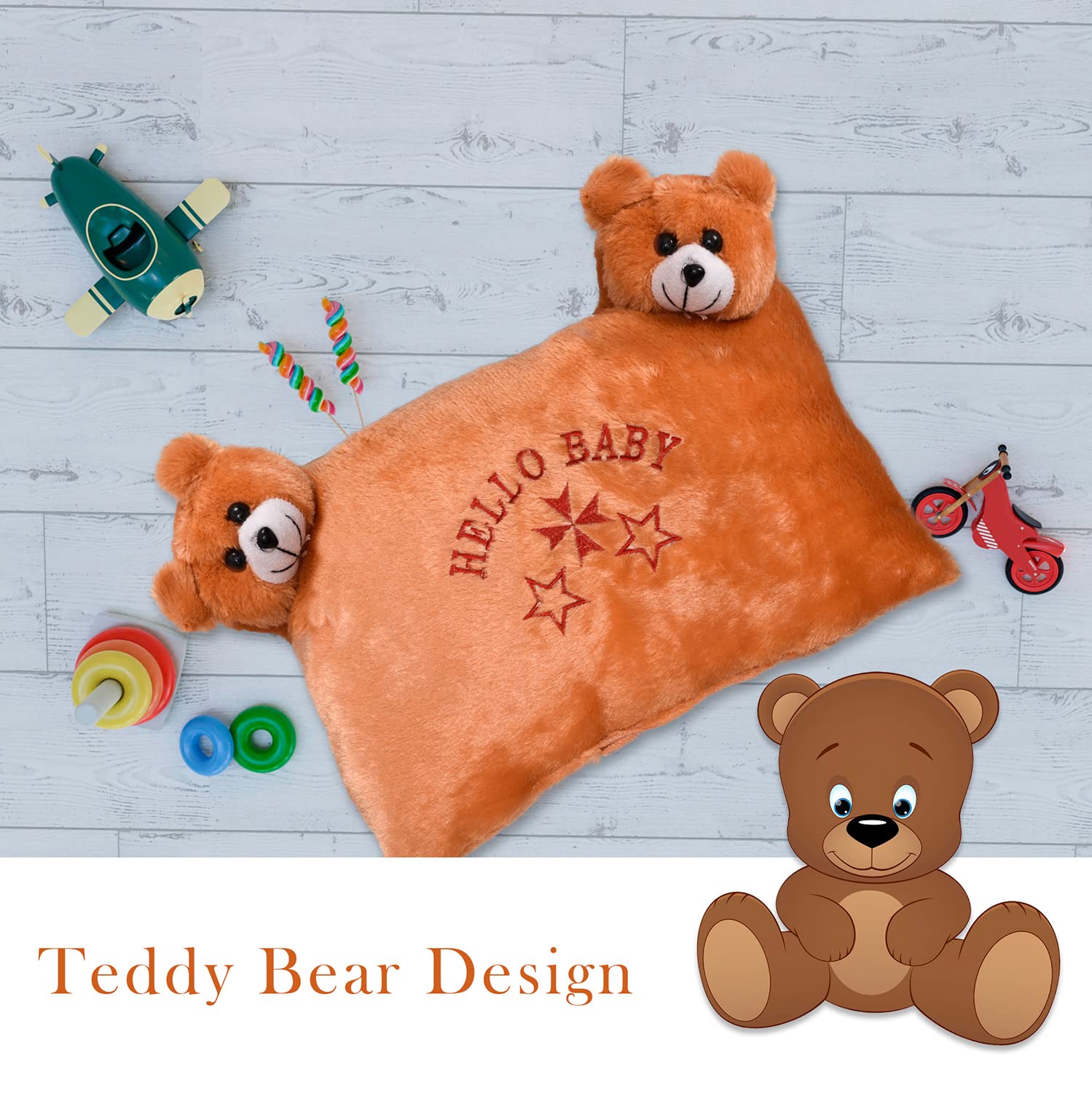 Hello Teddy Design Kid's Pillow, Velvet Super Soft Kids Pillow, Orange - 12 X 18 Inch | Soft Kids Pillow For Sleeping & Travel, Suitable For All Sleepers, Comfortable - Pack Of 2