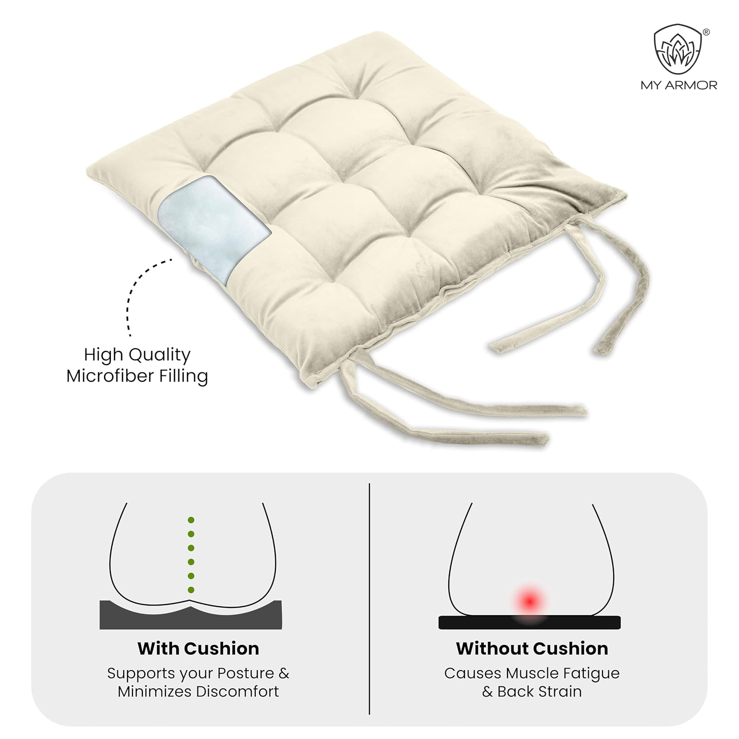 Square Chair Pads Cushion, For Comfortable Sitting, Cream Color - 40 X 40 Cm | Seat Cushions With Ties For Sitting, Pooja, Dining & Office Table | Furniture Cushion, Washable - Pack Of 1