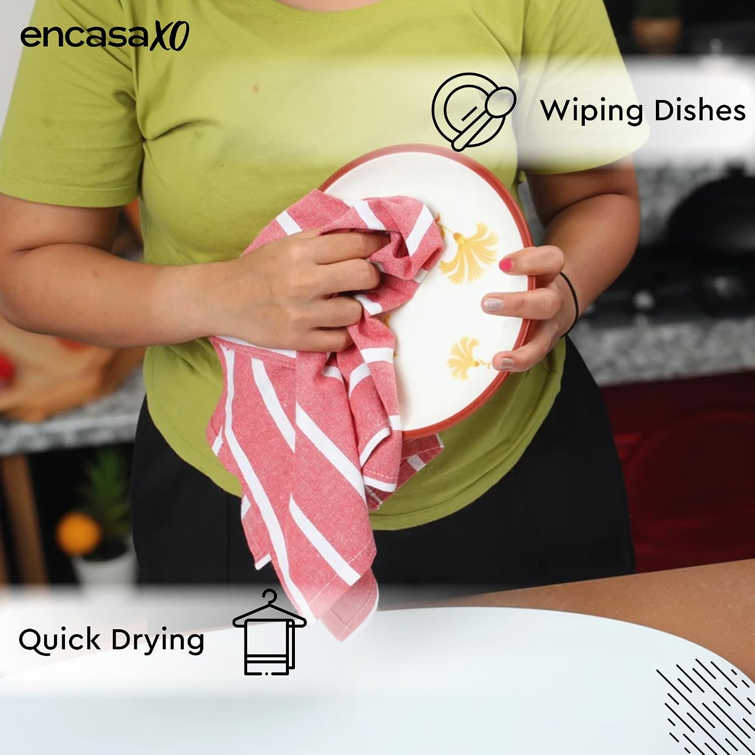 Encasa Xo Kitchen Cooking Cloth 340 Gsm | Cotton Hand Towel For Drying Dishes Highly Absorbent Cleaning & Quick Drying Of Plates | Roma Red Stripes (Set Of 4)