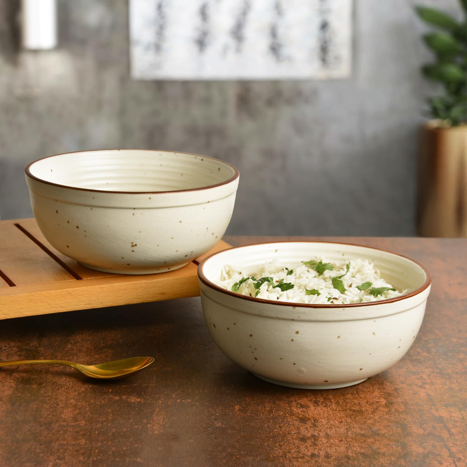 Studio Pottery Off White Matt Finish Ceramic Dinner Serving Bowls Set Of 2 | Diameter - 6.6 Inches, 850ml Each | Rice & Salad Bowls, Snack Bowls - Vegetable & Pasta Serving Bowls