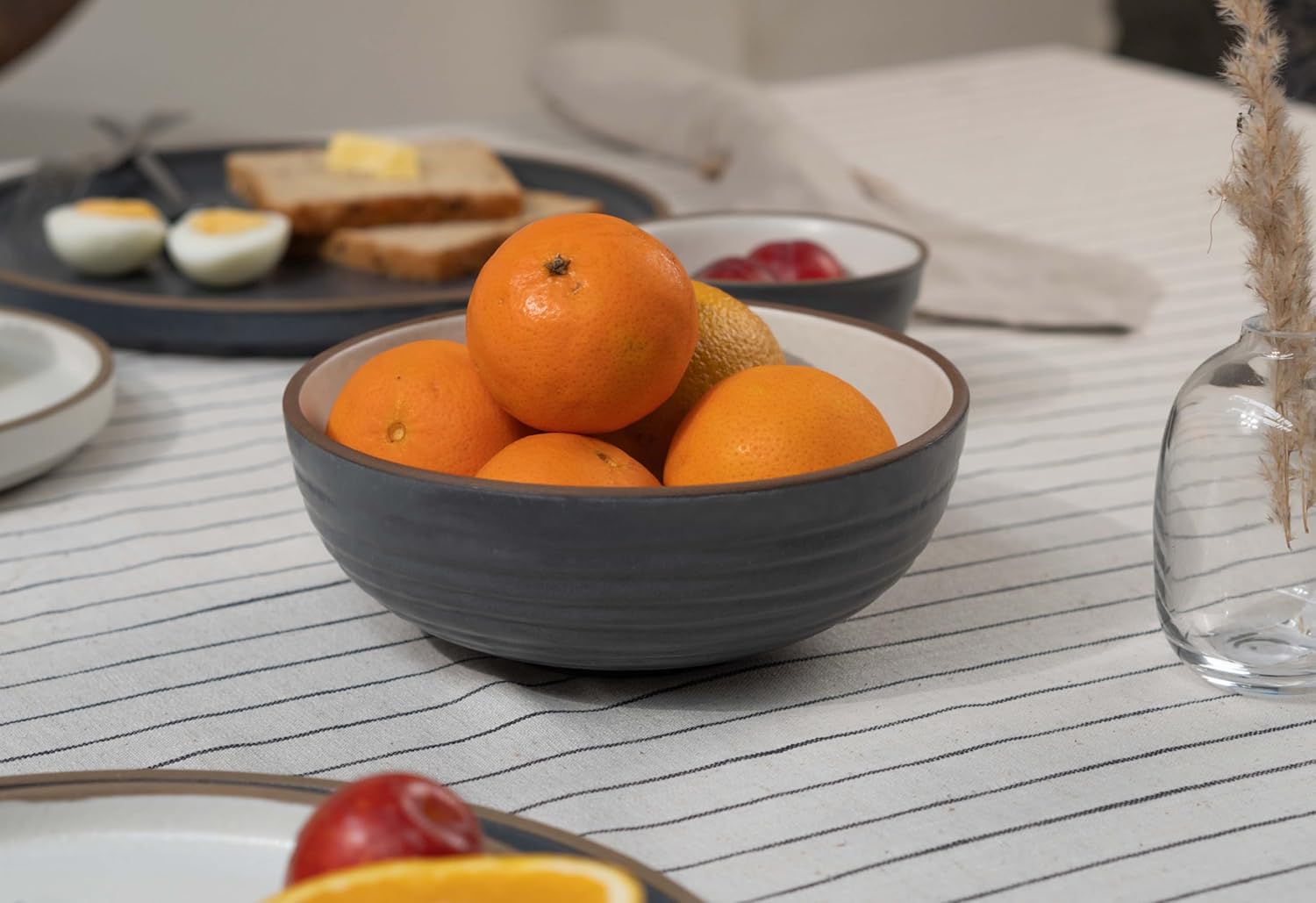 Ceramic Japandi Medium Pasta Bowl Set Of 2 Pieces - 17cm, Grey & White, 850ml Each | Stoneware Ceramic Serving Bowls - 1 Grey Bowl + 1 White Bowl | Deep Plate - Ceramic Bowl With Matte Finish