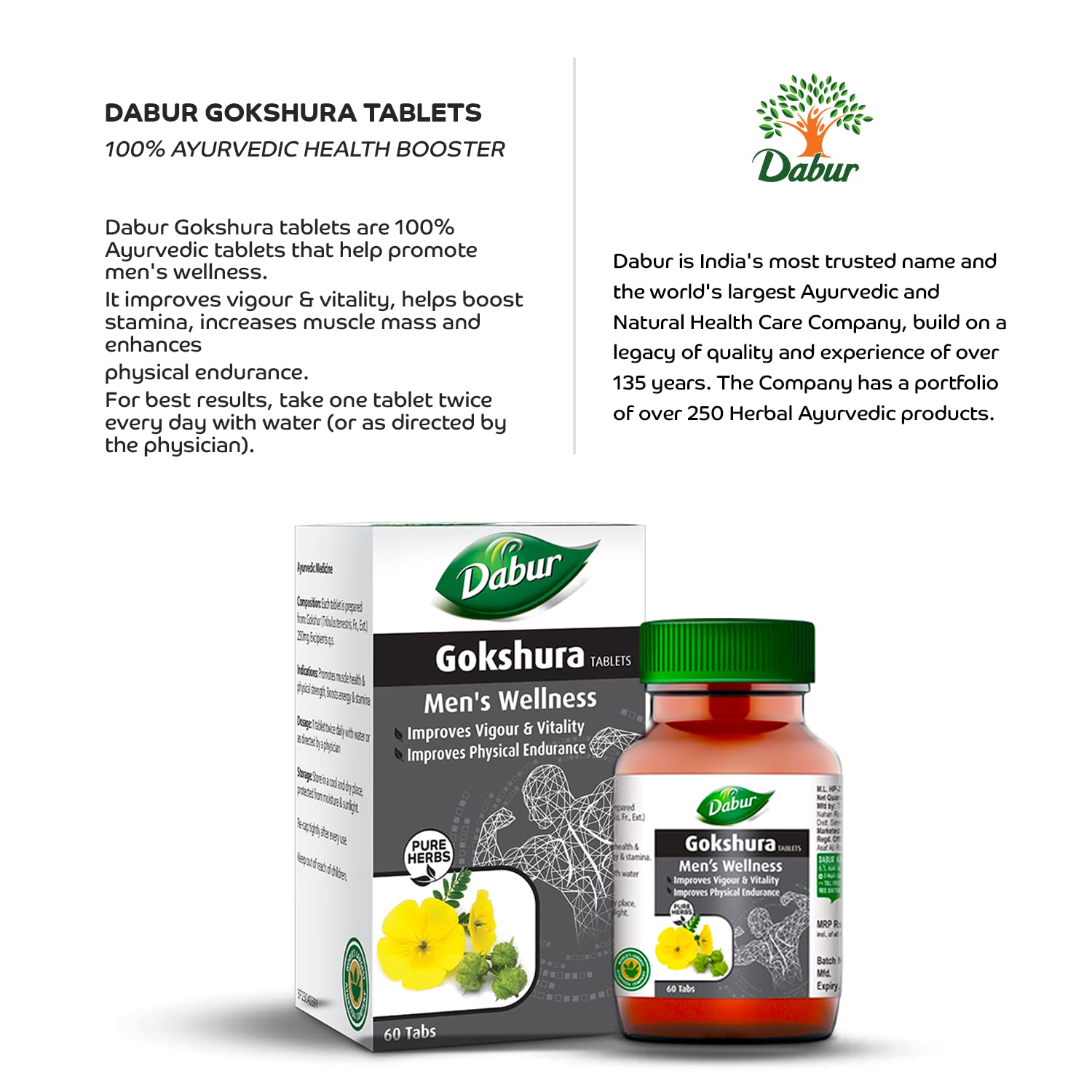 Dabur Gokshura Tablets Boosts Vitality & Stamina, Supports Gut Health, Boost Vitality & Stamina | 60 Tablets 100gm 0.2lbs
