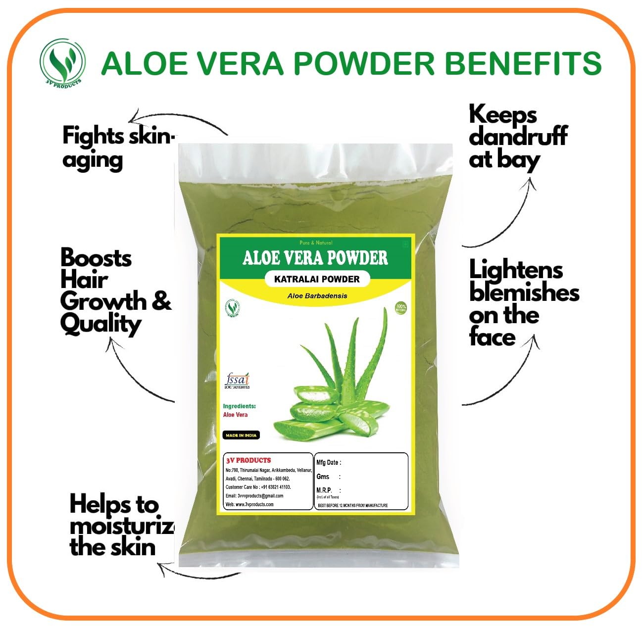 3V Products Aloe Vera Powder, Aloe Barbadensis, Katralai, Kathalai, 100% Pure & Natural Organically Grown Aloe Vera Powder | 100gm 0.2lbs
