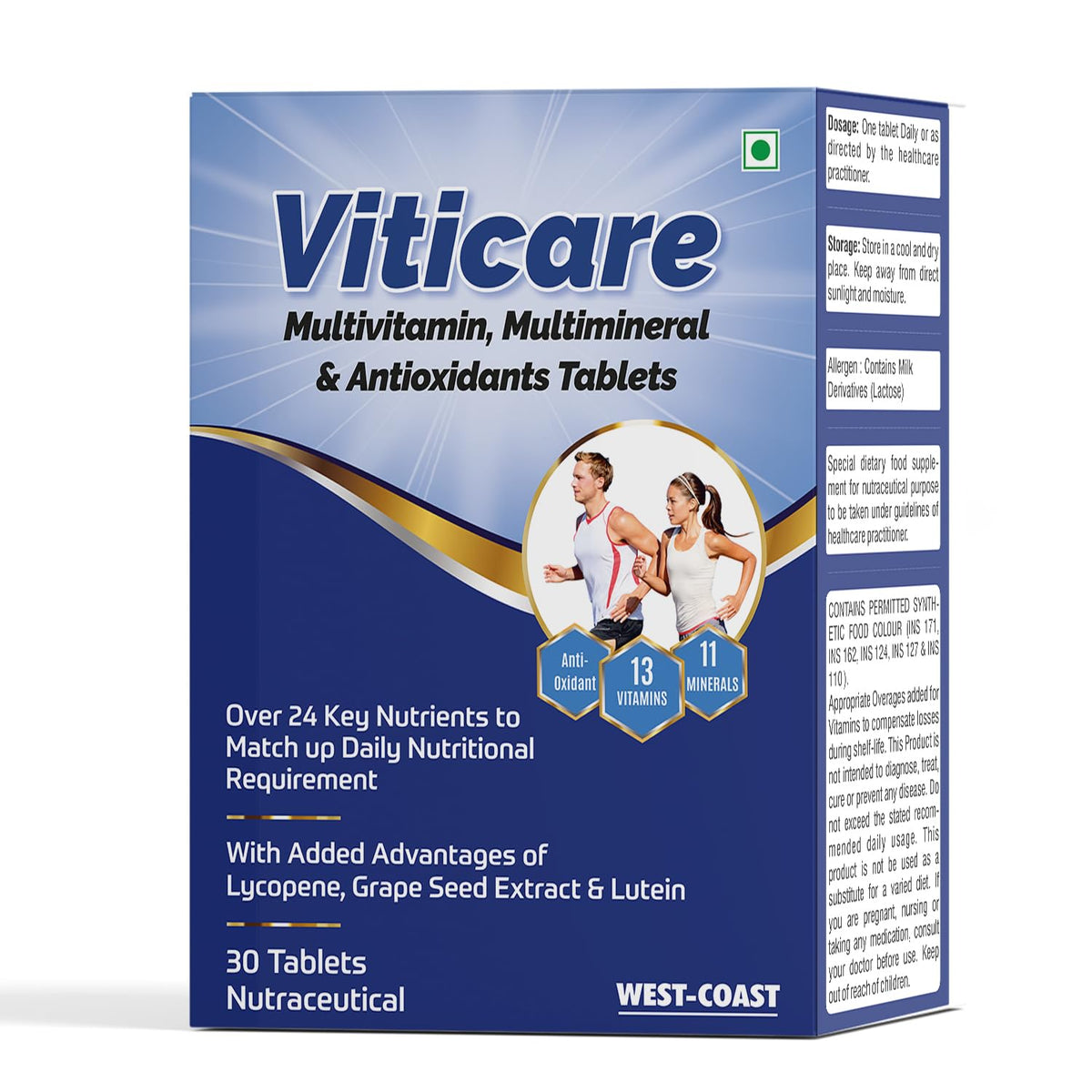 Westcoast Viticare Multivitamin, Multimineral & Antioxidants, 24 Key Nutrients To Match Up Daily Nutritional Requirement , Grape Seed Extract | 30 Tablets , 50gm 0.1lbs