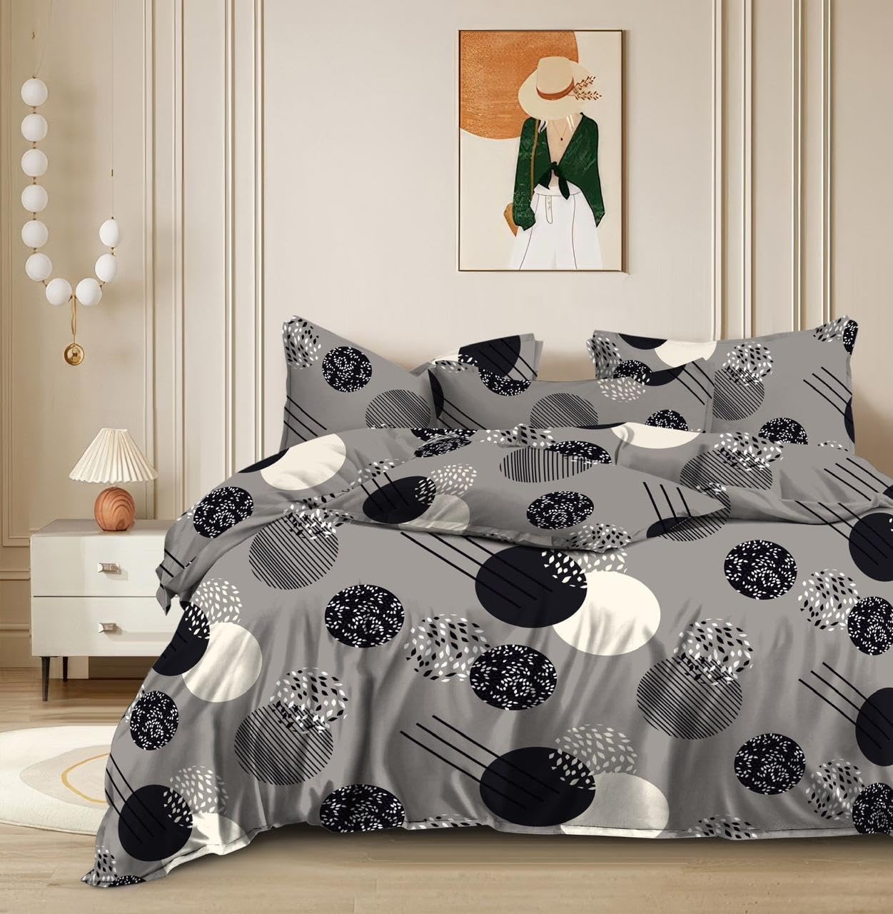 Cotton Elastic Fitted Printed Queen Size Double Bed Bedsheet With 2 Pillow Cover | 60 X 78 Inches, Black & White - Soft Touch, Wrinkle Resistant, Skin Friendly