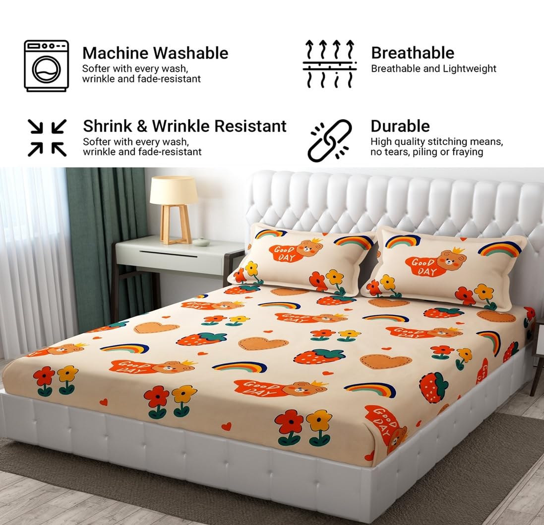 Wrinkle Free Soft Kids Double Bedsheets For King Size With 2 Pillow Cover | 90 X 95 Inches, Cream | Cartoon Printed Design | Child Bedroom Decor