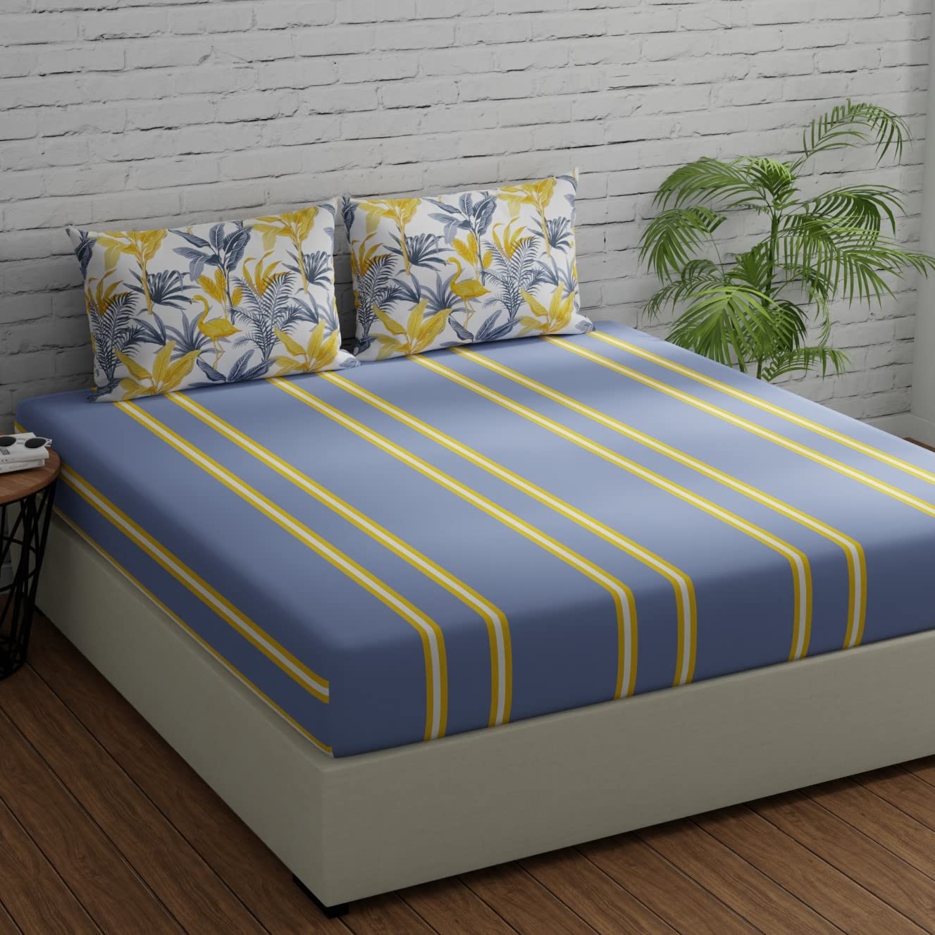 Bedsheets For King Size Bed With 2 Pillow Covers - 108 X 108 Inches | Stripes & Flamingos Grey & Yellow | Perfect For Home Decor & Gifts | 144 Thread Count
