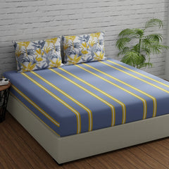 Bedsheets For King Size Bed With 2 Pillow Covers - 108 X 108 Inches | Stripes & Flamingos Grey & Yellow | Perfect For Home Decor & Gifts | 144 Thread Count