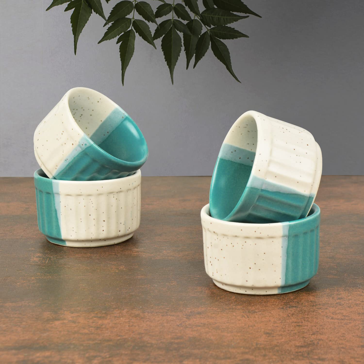 Studio Pottery Ribbed Ceramic Dip Bowls Set Of 4 - Turquoise & Off White, 50ml Each | Chutney Bowls - Ketchup Bowls