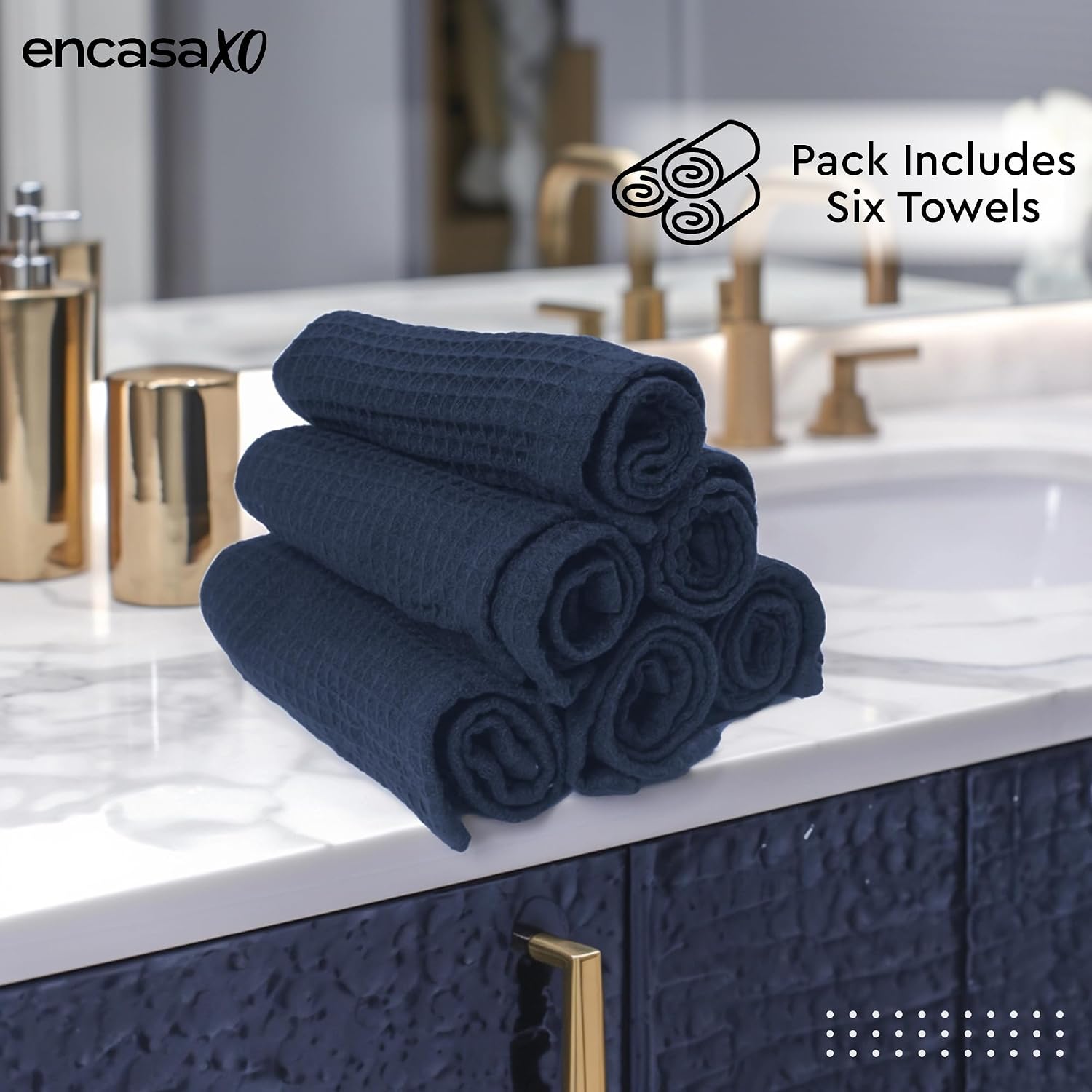 Encasa Xo Kitchen Hand Towels Set 150 Gsm | Waffle Weave & Flat Hand Towel | Quick Drying Reusable Cotton Washcloths | Set Of 6 (Navy Blue)