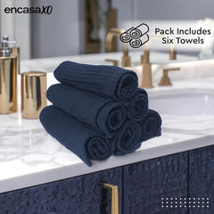 Encasa Xo Kitchen Hand Towels Set 150 Gsm | Waffle Weave & Flat Hand Towel | Quick Drying Reusable Cotton Washcloths | Set Of 6 (Navy Blue)