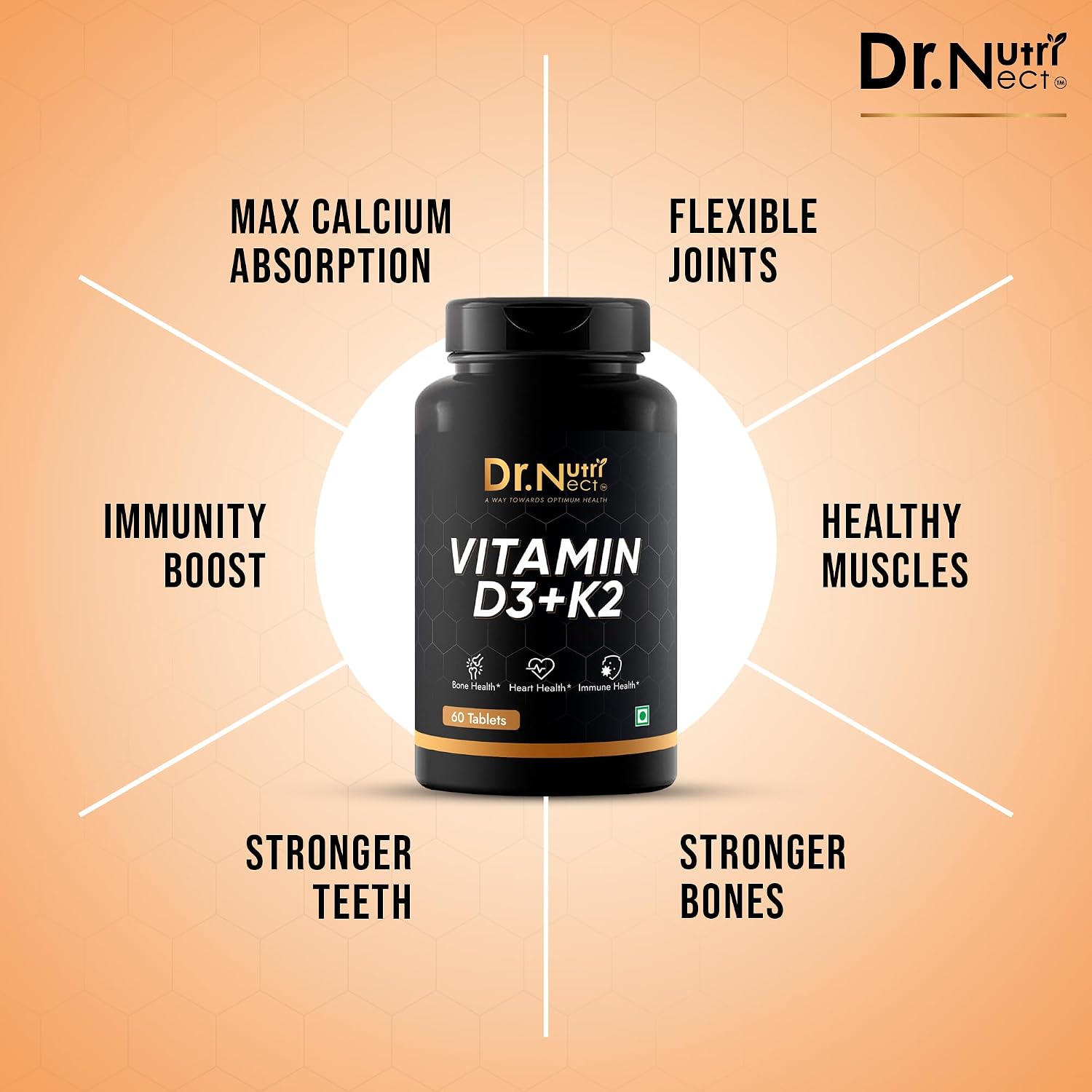 Dr. Nutri Nect Vitamin D3 + K2 (As Mk7) For Bone Health And Immune Support | Healthy Bones, Strong Muscles & Boosts Immune System For Men And Women | 60 Tablets , 100gm 0.2lbs