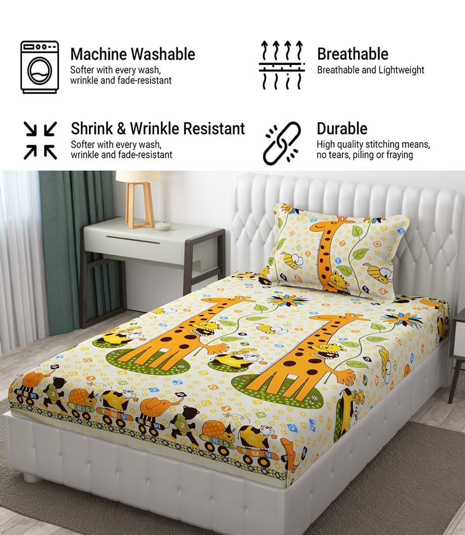 Kids Single Bedsheet Set With 1 Pillow Covers (60 X 90 Inches) Yellow | Durable & Long-Lasting | 144 Thread Count | Wrinkle Free
