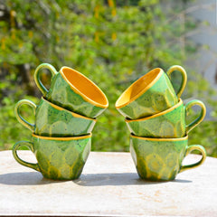 Hand Crafted Ceramic Coffee Mugs Set Of 6 - 200ml Each, Green & Yellow | Chai Cups - Coffee Mug Set - Tea Cup Set