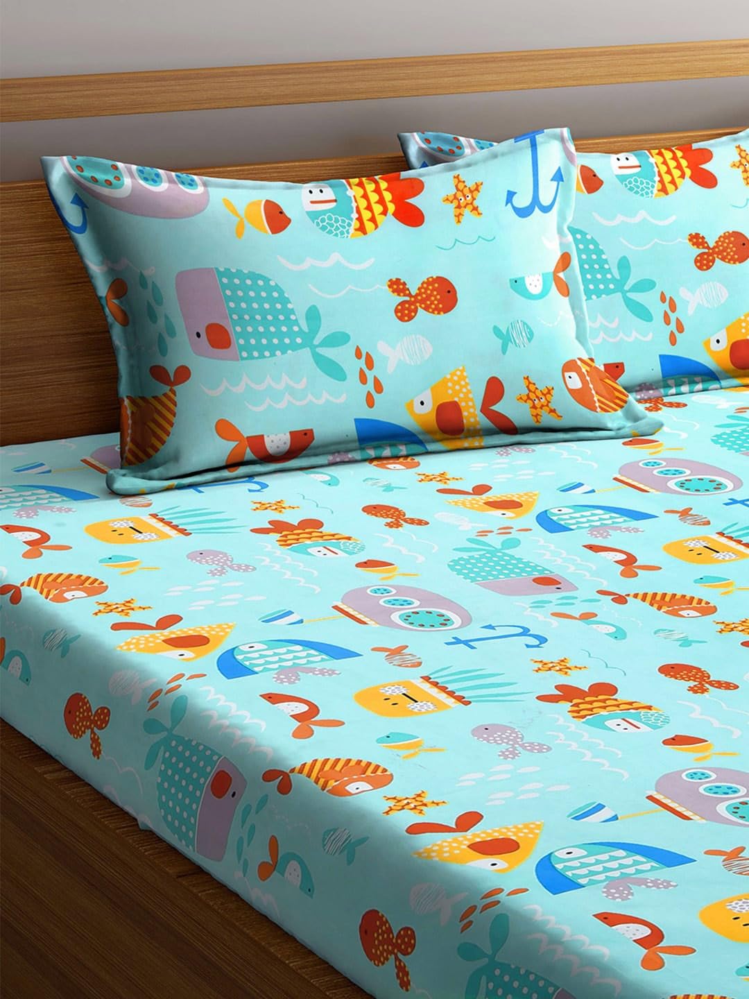 Cartoon Printed Double Bedsheet For Kids With 2 Pillow Cover - 72 X 78 X 10 Inches, Multicolor | Cotton Feel All Around Elastic Fitted King Size Double Bed