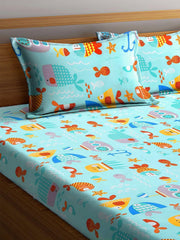Cartoon Printed Double Bedsheet For Kids With 2 Pillow Cover - 72 X 78 X 10 Inches, Multicolor | Cotton Feel All Around Elastic Fitted King Size Double Bed