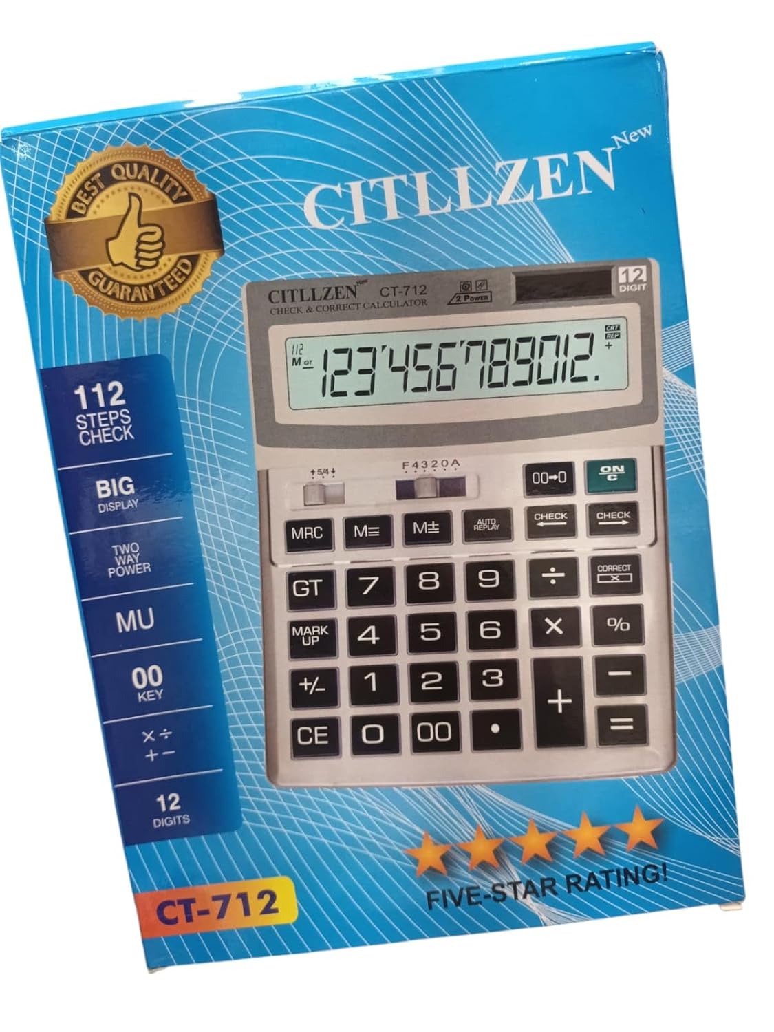 Citllzen-Electronic Calculator 12-Digit Big Display |112 Steps Check Correct - Batteries And Solar Power