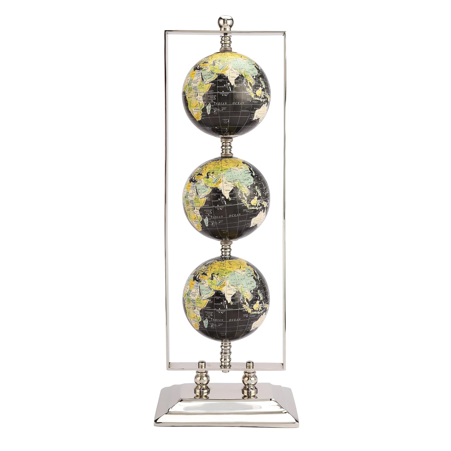 Handcrafted Vertical Triple Golden Globe Stand Decorative, Accessories For Table, Desk For Showpiece, Office Shelves, Bedroom & Gifting (Black Silver) Set Of 3 Globes In 1