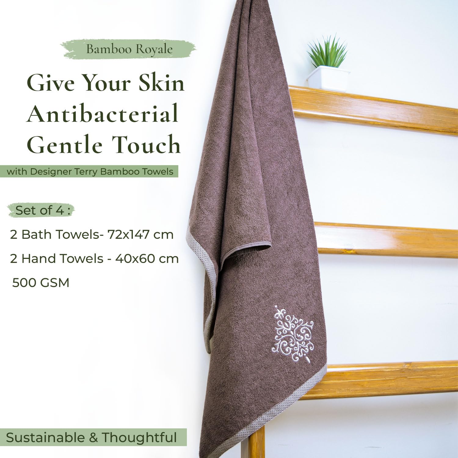 Rangoli 100% Bamboo 2 Bath & 2 Hand Towels 850 Gsm | Large Size Ultra Soft, Quick-Absorbent & Eco-Friendly Towels - Ash Brown