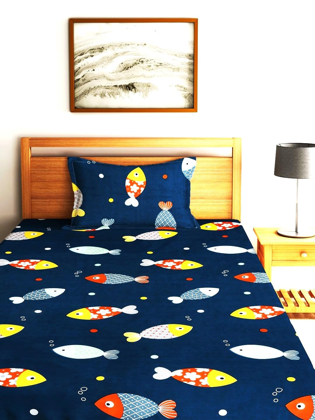 Single Bedsheet With One Matching Pillow Cover - 55 X 90 Inches, Navy Blue | Microfiber Kids Fishes Bedsheet | Normal Hand Wash Or Machine Wash