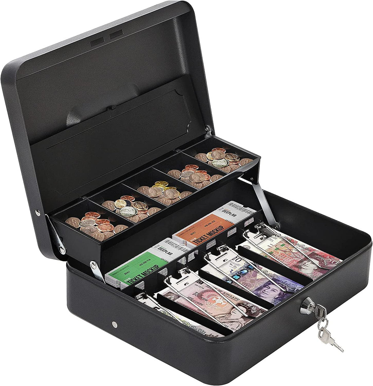 Cash Box With 2 Key Lock Storage Security 4 Note, 5 Coin Slots,11.8" X 9.5" X 3.5", Colour - Black, Material - Metal